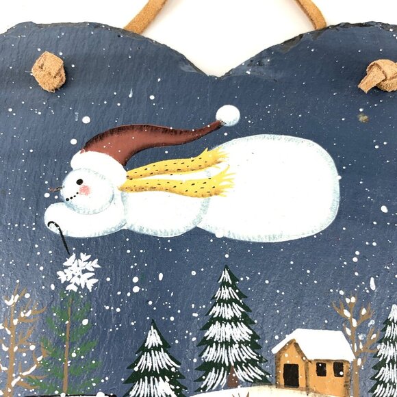Winter Scene Slate Snowman Over Country Houses Heart Shaped Wall Plaque - Picture 2 of 4